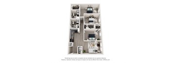 A 3D floor plan of a small apartment with a kitchen, living room, and bathroom.