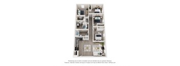 A 3D floor plan of a small apartment with a kitchen, living room, and bedroom.