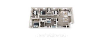 A 3D floor plan of a small apartment with a kitchen, living room, and two bedrooms.