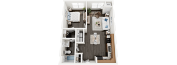 A top-down view of a small apartment layout with a kitchen, living room, and bathroom.