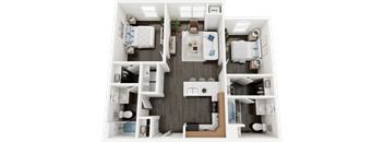 A top-down view of a small apartment layout with a kitchen, living room, and two bedrooms.