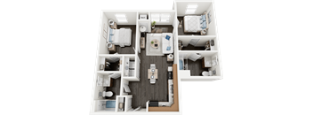 A detailed 3D floor plan of a modern apartment layout.