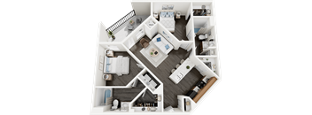 A 3D floor plan of a small apartment with a kitchen, living room, and two bedrooms.