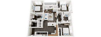 A 3D floor plan of a house with multiple bedrooms and bathrooms.