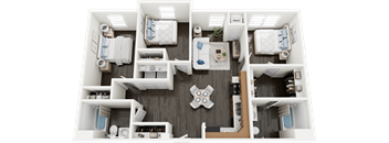 A 3D floor plan of a small apartment with two bedrooms and a living area.