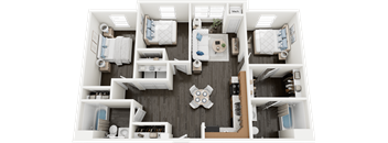 A 3D floor plan of a house with a kitchen, living room, and two bedrooms.