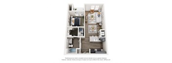 a stylized floor plan with a bedroom and a living room