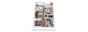 A 3D floor plan of a small apartment with a kitchen, living room, and bathroom.