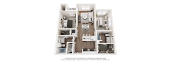 A 3D floor plan of a house with a kitchen, living room, and bathrooms.