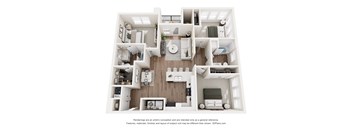 A 3D floor plan of a house with multiple rooms.