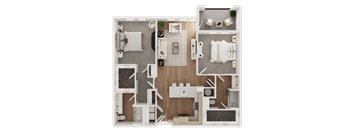 a 3d floor plan of a bedroom with a bathroom and a living room