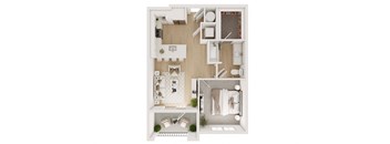 a stylized floor plan with a bedroom and a living room