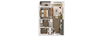 a stylized floor plan with a bedroom and a kitchen