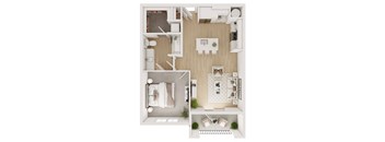 a stylized floor plan with a bedroom and a living room