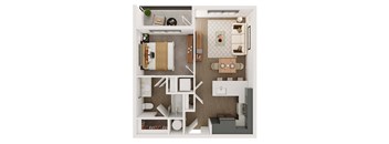 a stylized floor plan with a bedroom and living room