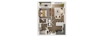 the interior of a studio apartment with a bedroom and living room