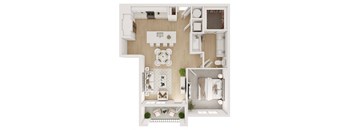 a stylized floor plan with a bedroom and a living room