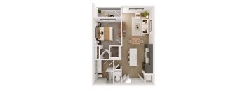 a stylized floor plan with a bedroom and living room