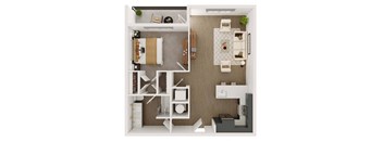 a stylized floor plan with a bedroom and a living room