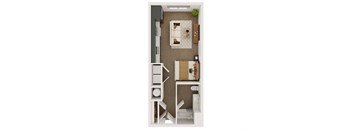 a stylized floor plan with a bedroom and a bathroom