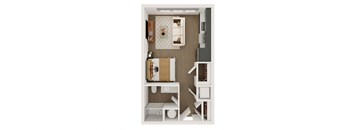 a stylized floor plan with a bedroom and a living room