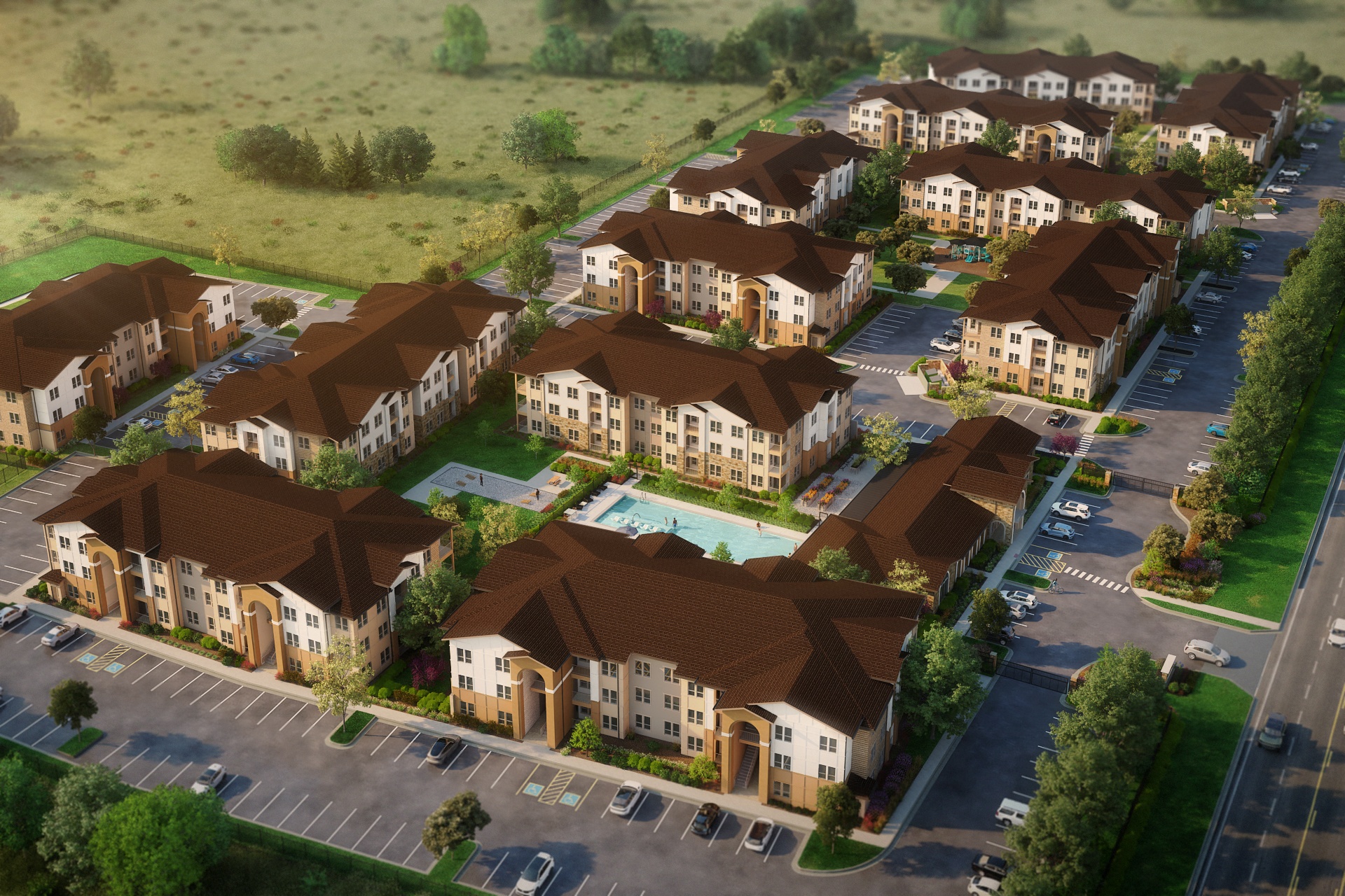 an aerial view of a subdivision with houses and cars on the street