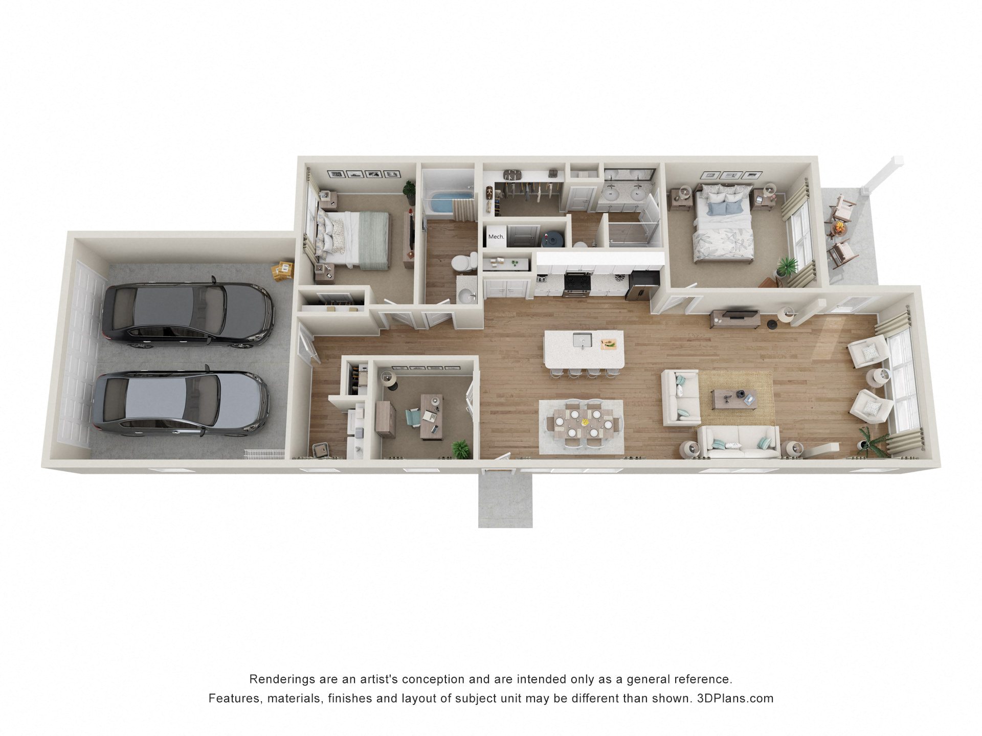 a stylized floor plan of a 1 bedroom apartment