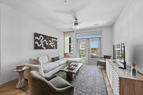 A living room with a white couch and a grey rug.