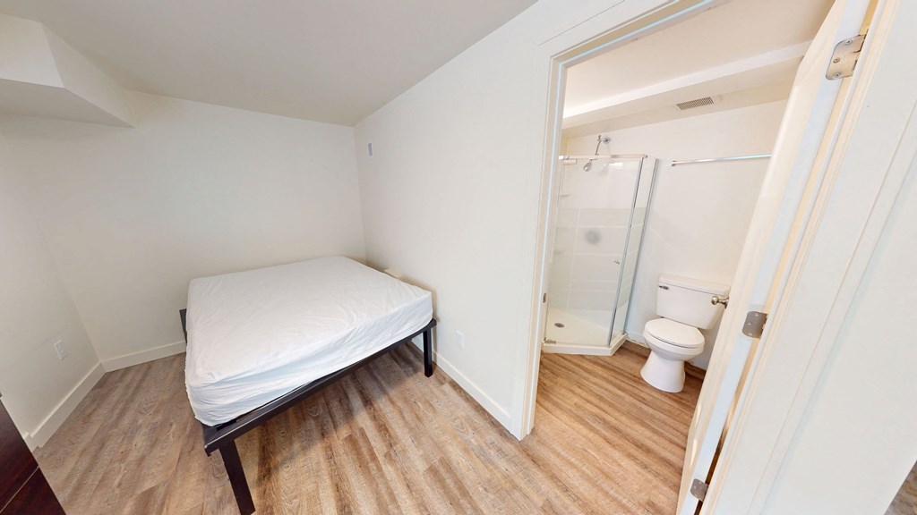 A bedroom with a bed, toilet, and sink.