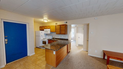 A kitchen with a blue door and white appliances.