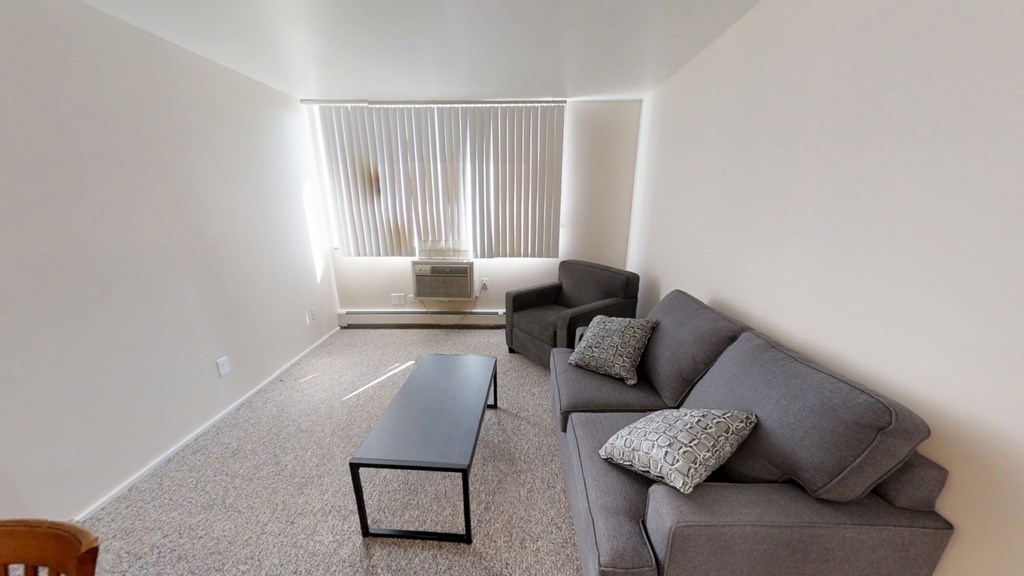 A living room with a grey couch and a black coffee table.