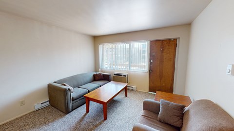 A living room with a brown couch, a grey couch, and a wooden coffee table.