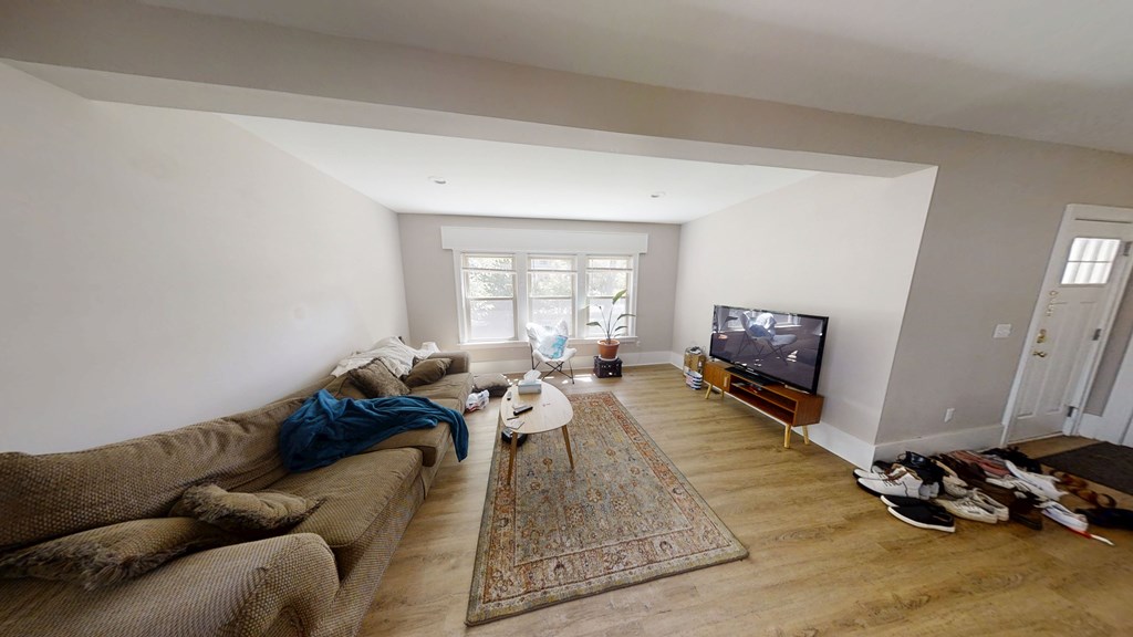 A living room with a couch, rug, and television.