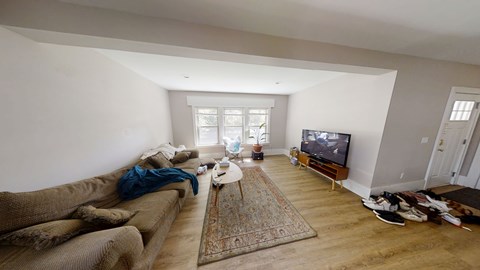 A living room with a couch, rug, and television.