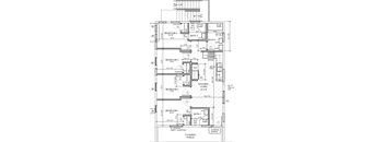 A detailed architectural drawing of a house plan with labeled rooms and measurements.