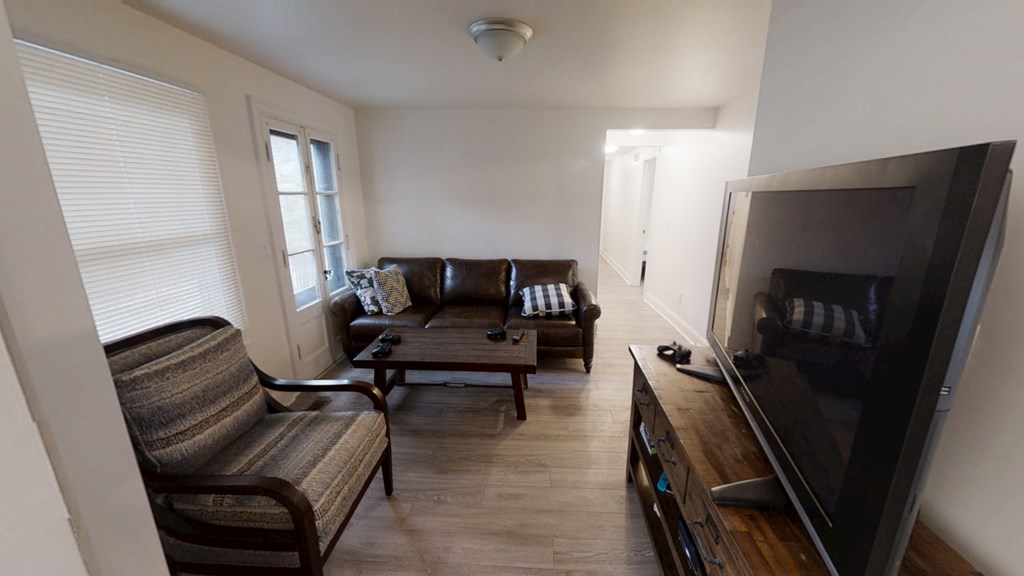 A living room with a couch, chair, and television.