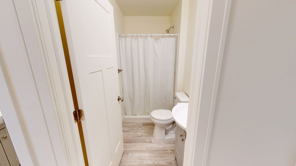 A white bathroom with a toilet and a shower curtain.