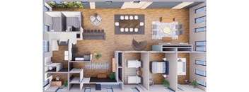 A 3D rendered image of a modern apartment layout.