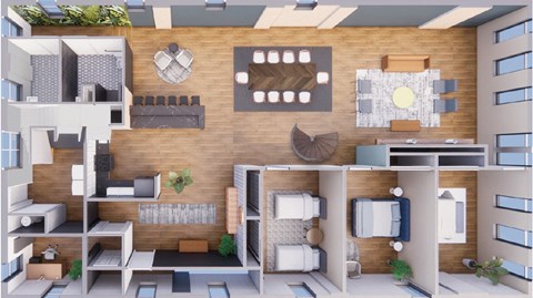 A 3D rendered image of a modern apartment layout.