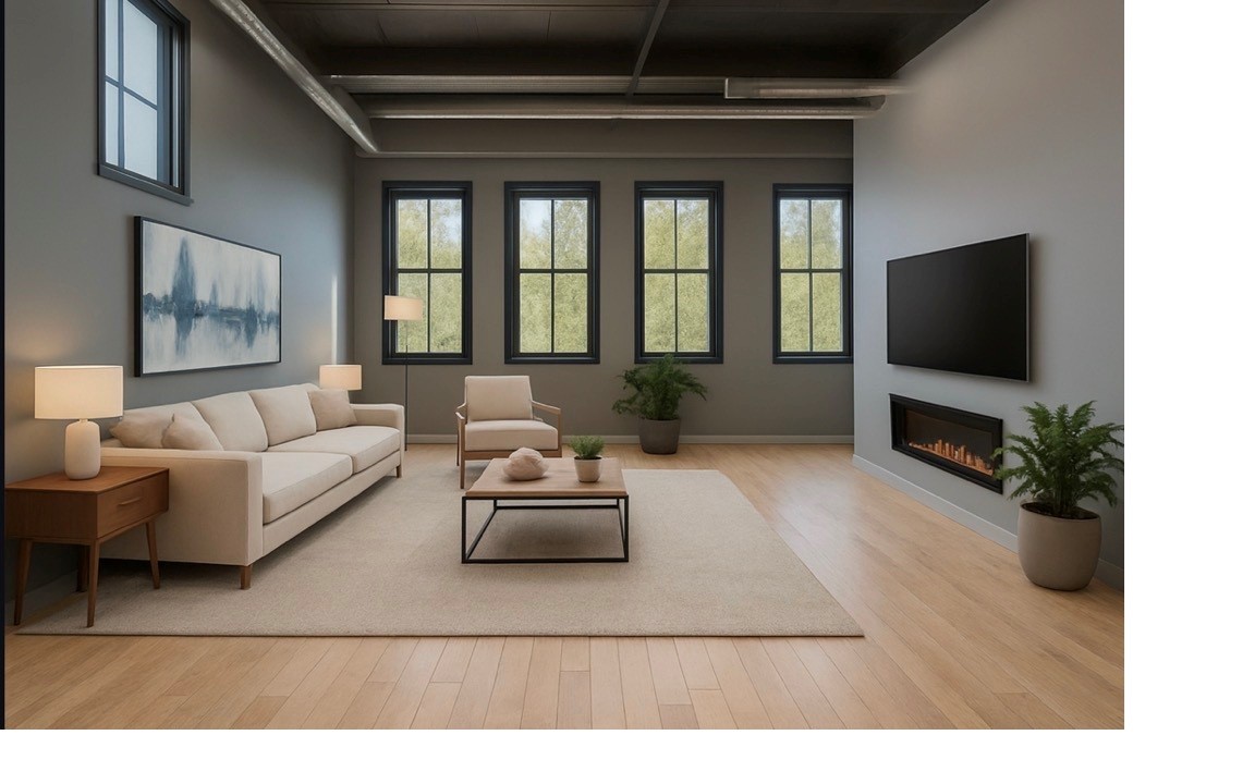 A modern living room with a fireplace and a large painting on the wall.
