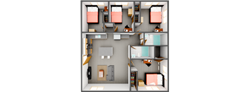 A 3D rendered image of a small apartment layout.