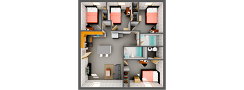A 3D rendered image of a small apartment layout.
