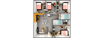 A 3D rendered image of a small apartment layout.