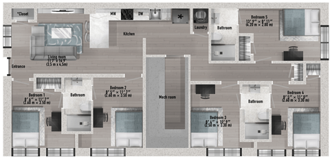 A floor plan of an apartment with a living room, kitchen, dining room, and multiple bedrooms.