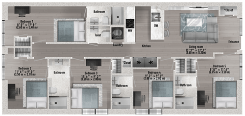 A floor plan of a house with 5 bedrooms and a living room.