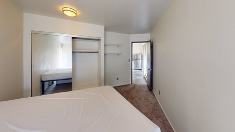 A bedroom with a large bed and a small closet.