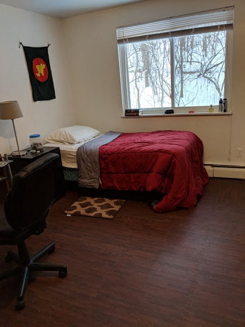 A bedroom with a bed, desk, and chair.