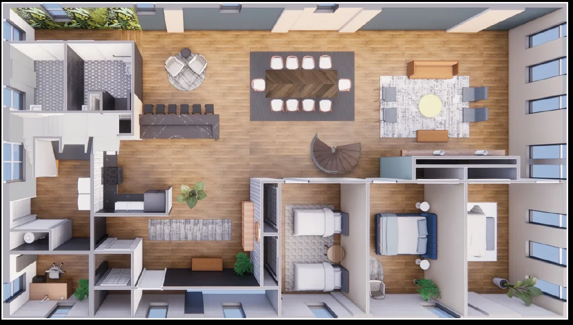 A 3D rendered image of a modern apartment layout.