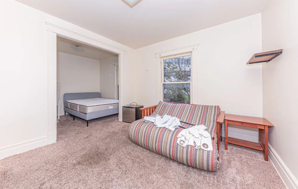 A bedroom with a single bed and a sofa.