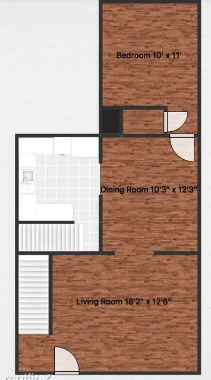 A diagram shows the layout of a small apartment with a bedroom, dining room, and living room.